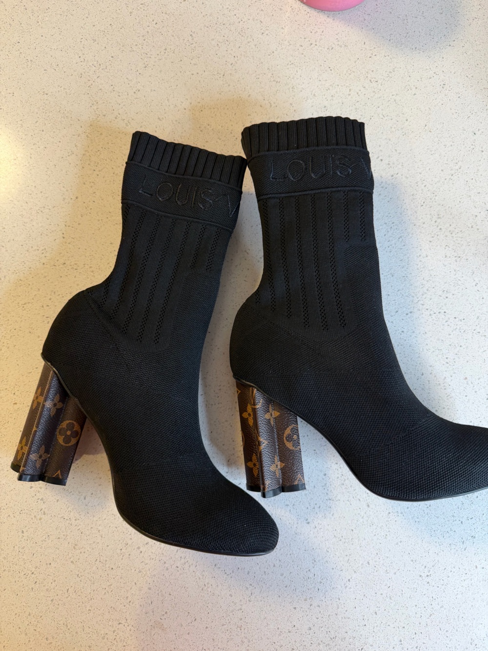 Louis Vuitton Black Knit Sock Booties with Monogram Block Heels